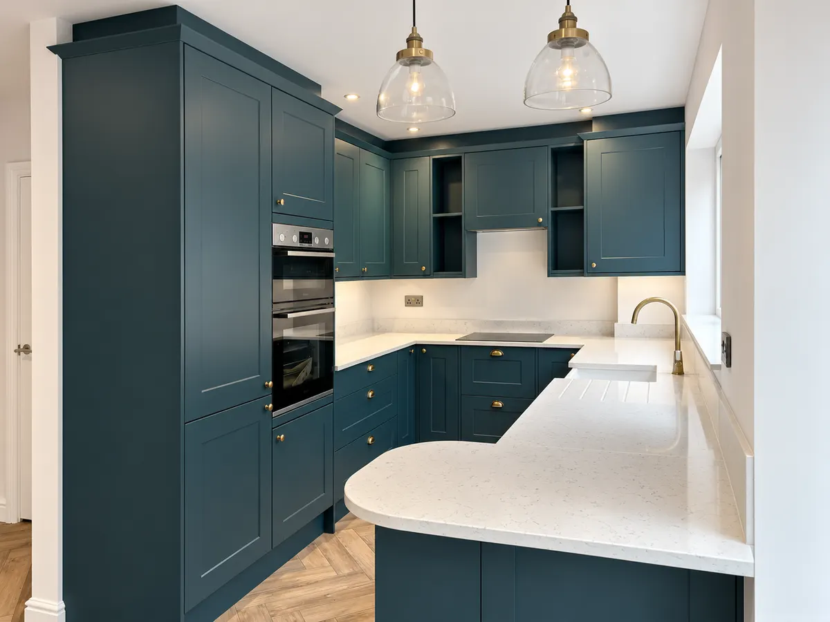 Floor to ceiling blue shaker units with built-in ovens beside a white composite peninsula