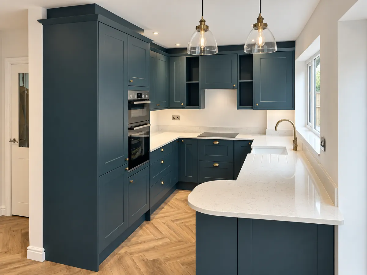 Compact blue shaker kitchen with tall oven housing, open glazed wall units and brass handles