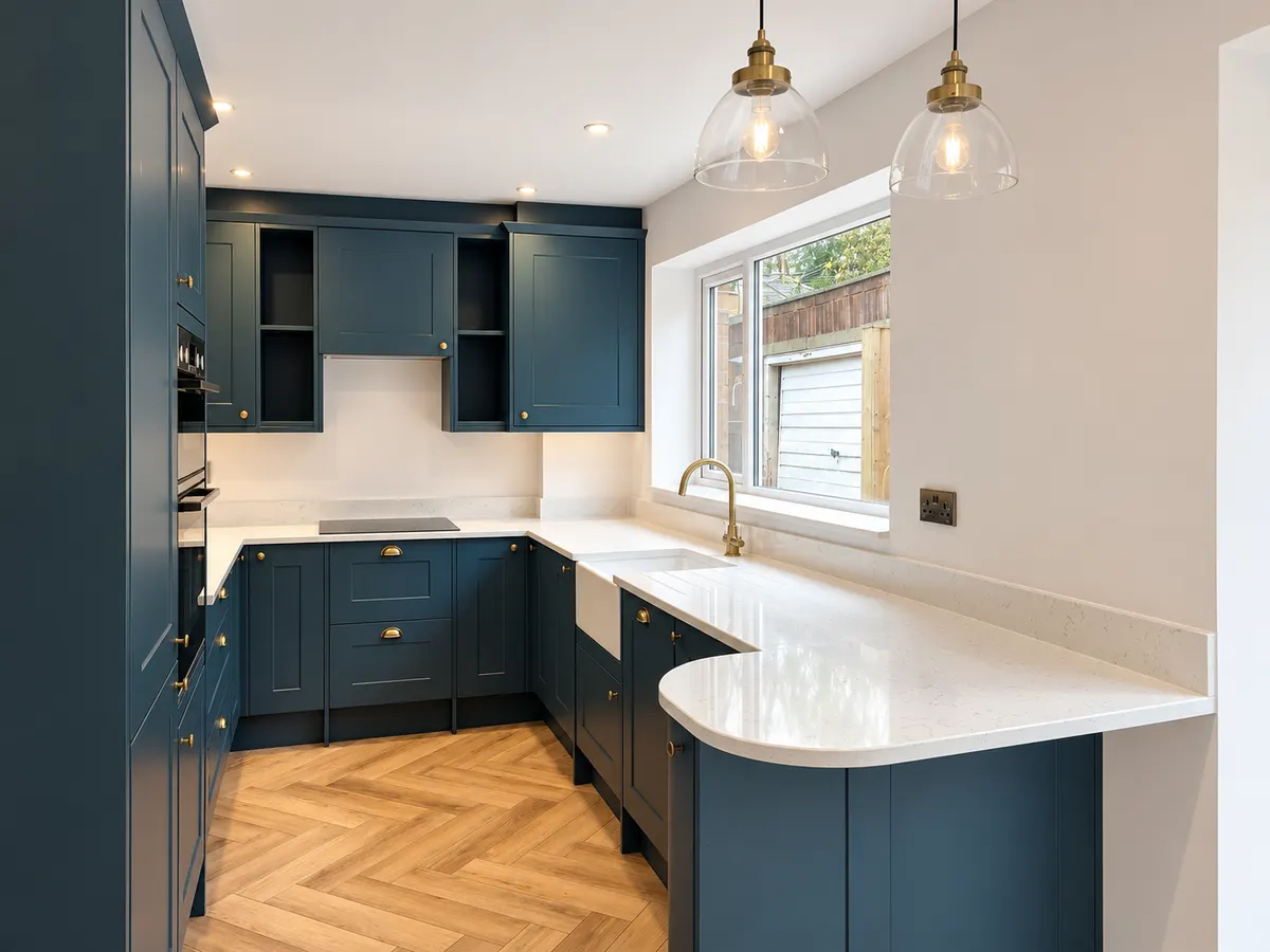 Blue U-shaped kitchen with a Belfast sink under the window and a rounded peninsula end