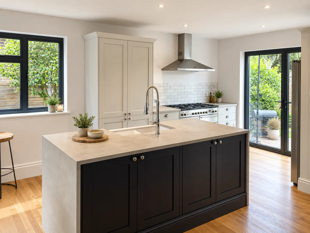 Light grey shaker kitchen with a dark painted island and concrete worktop, black framed windows and garden doors