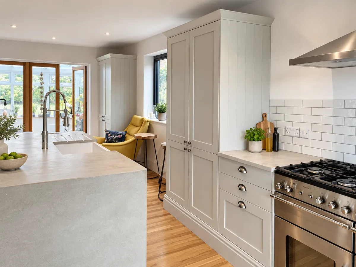 Classic shaker kitchen opening through to a garden room, range cooker and island in the foreground