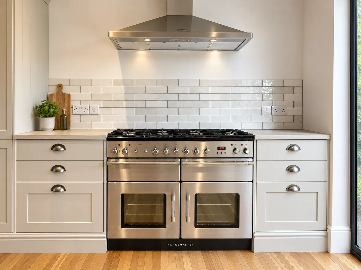 Stainless range cooker set between light grey shaker drawers with a white metro tile splashback and chimney hood