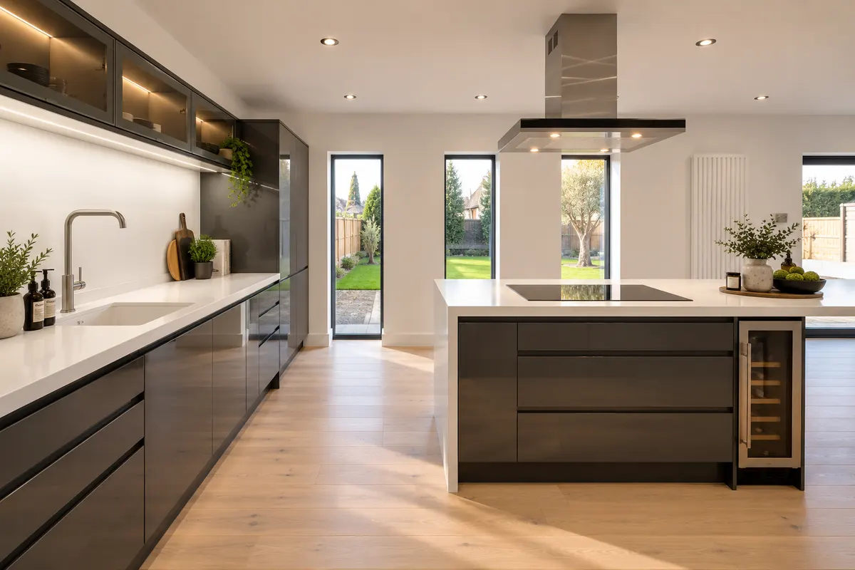 Graphite handleless kitchen with a white worktop island and tall windows onto the garden