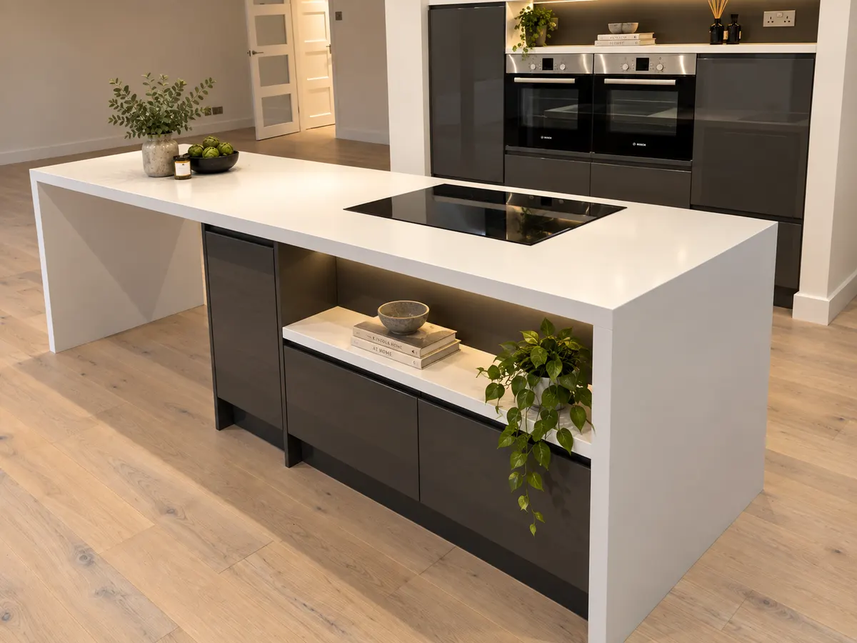 End of a white waterfall island with an open display shelf and trailing plant