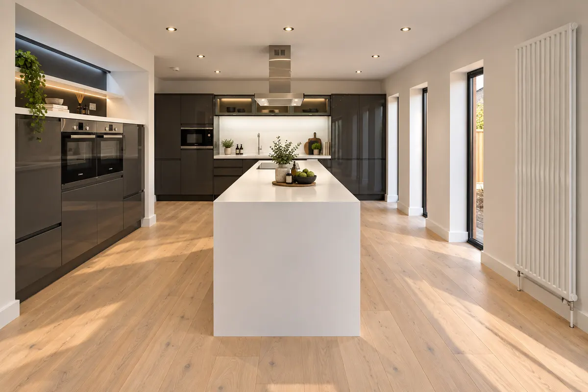 Long open-plan room with a graphite handleless kitchen, white island and wide oak flooring