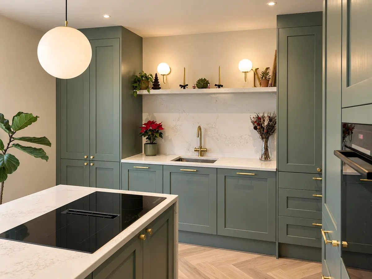 Induction hob set into a quartz island facing tall green larder units and a globe pendant