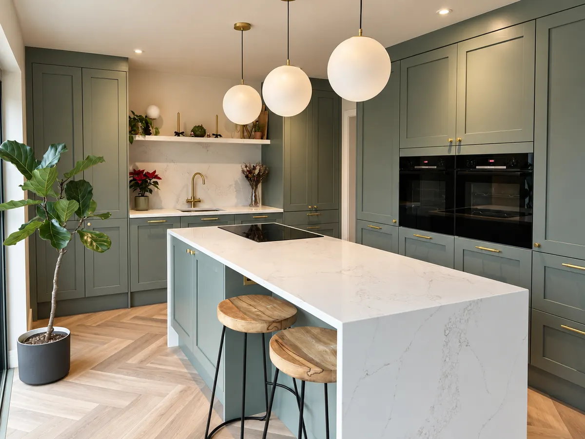 Green shaker island with a waterfall quartz end and two oak stools under three globe pendants