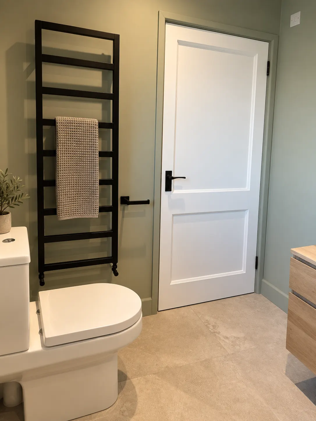 Matt black ladder towel rail on a sage green wall next to a white panelled door