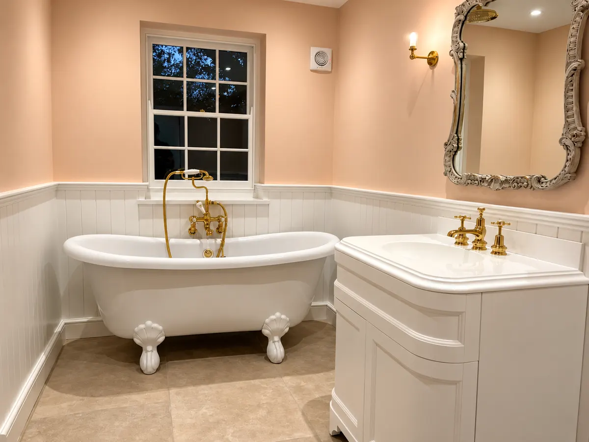 Roll top bath with a polished brass bath shower mixer beside a curved white vanity basin
