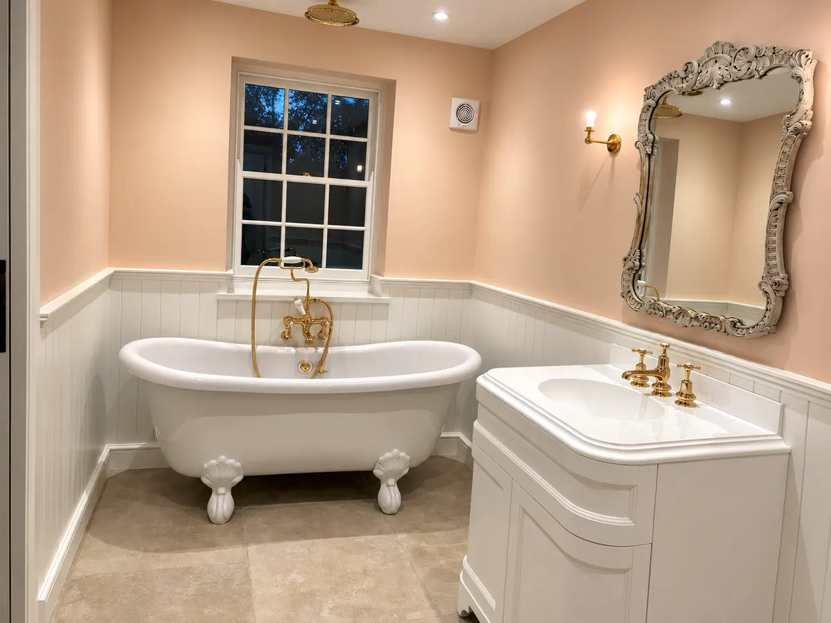 Traditional bathroom with a roll top bath under a sash window, blush pink walls and white panelling